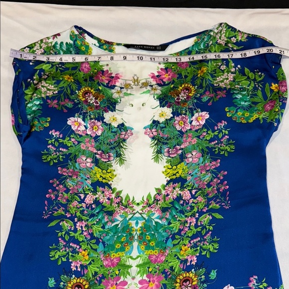 Zara Woman Silk Dress Blue Green Mini Cap Sleeves Sexy Lightweight Floral Sz XS - Picture 5 of 8